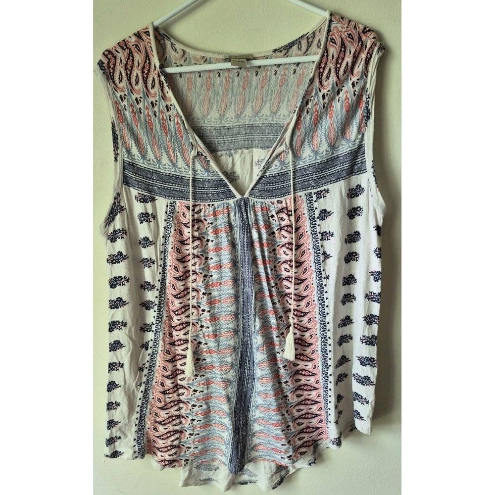 Lucky Brand Peasant Tank Womens S Blue White Red Paisley Mixed Print‎ Boho Top